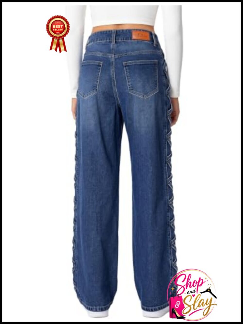 High Waisted Crisscross Strap Wide Leg Jeans Women's Stretch Denim - Picture 1 of 4